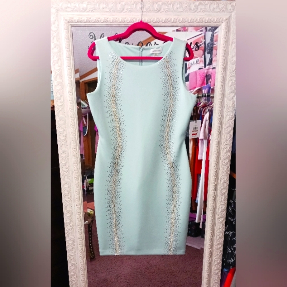 New Calvin Klein Embellished Jewel blue sheath scuba bodycon dress size 12 Large